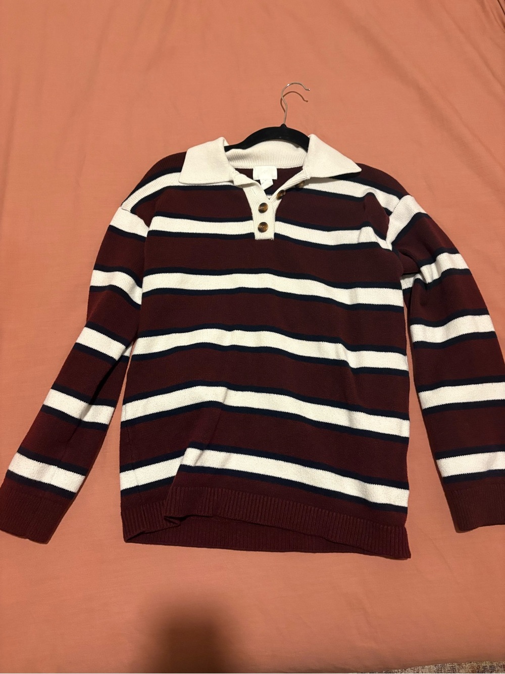 H&M Women's Burgundy, White & Navy Striped V-Neck Sweater